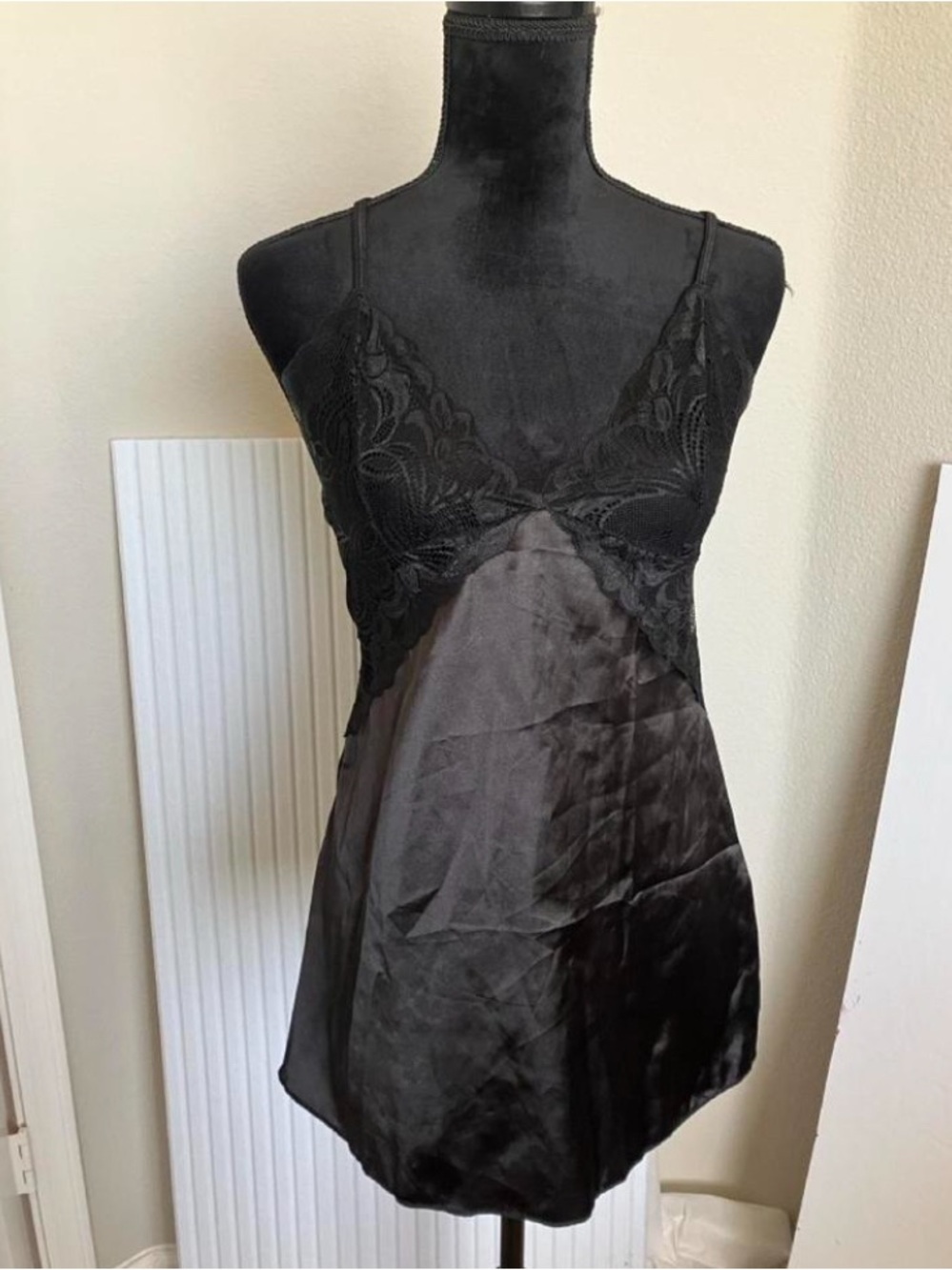 Black Lace Satin Slip Nightdress - Unbranded